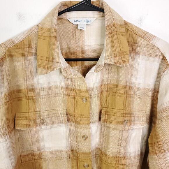 Old Navy Top Womens L Boyfriend Shirt Tunic Cream Plaid Soft Button Down - Picture 3 of 10